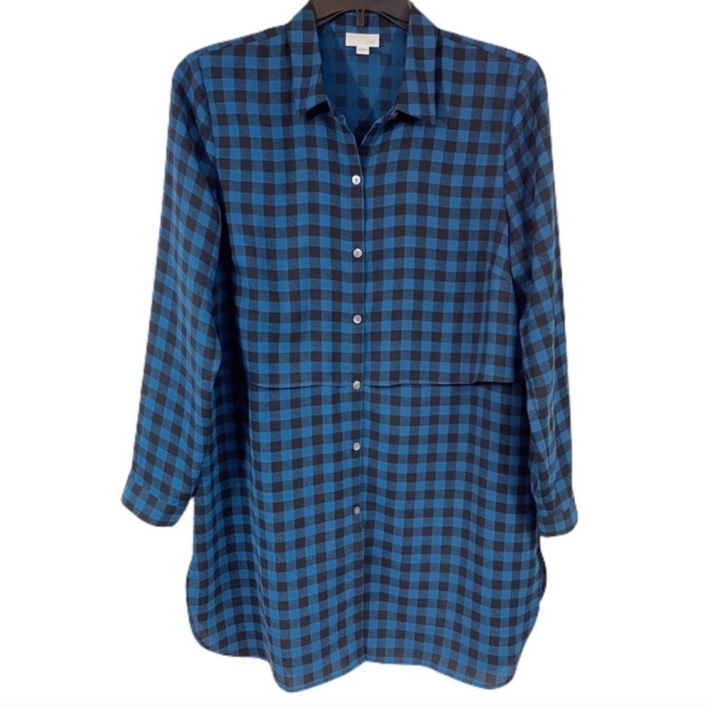 J.Jill Buffalo Check Tier Shirt Dress L Teal Blue Black
